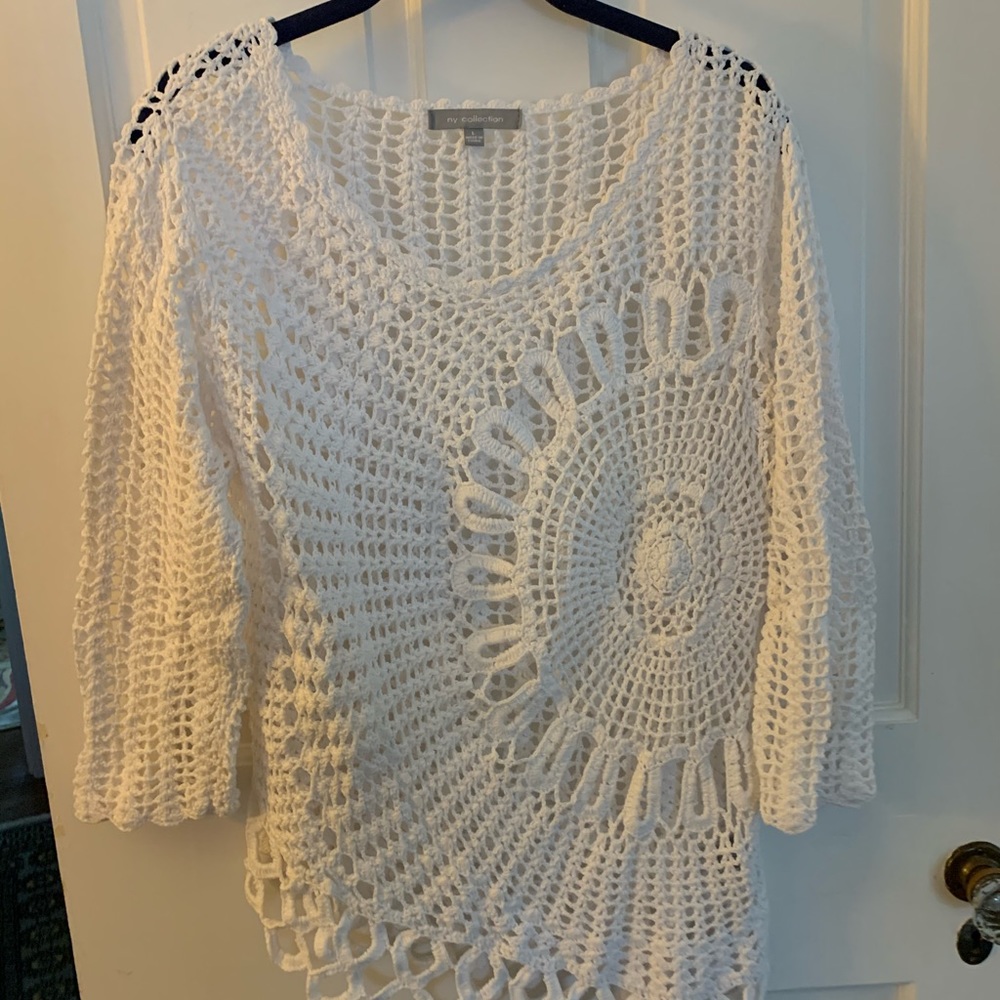 White crochet knit V-neck sweater